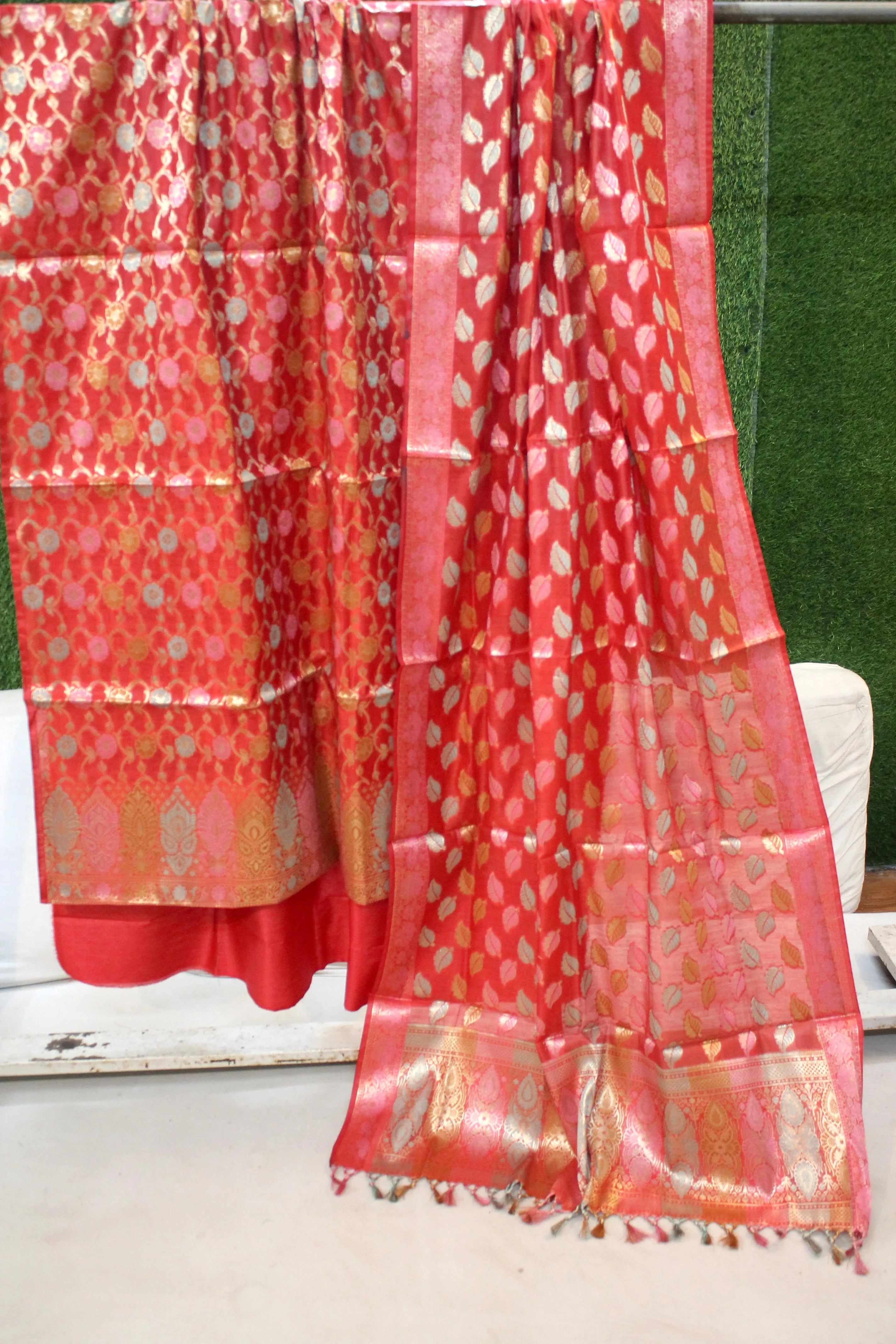 Red Tilfi Weave 3-Piece Pure Cotton Handloom Banarasi Suit Set